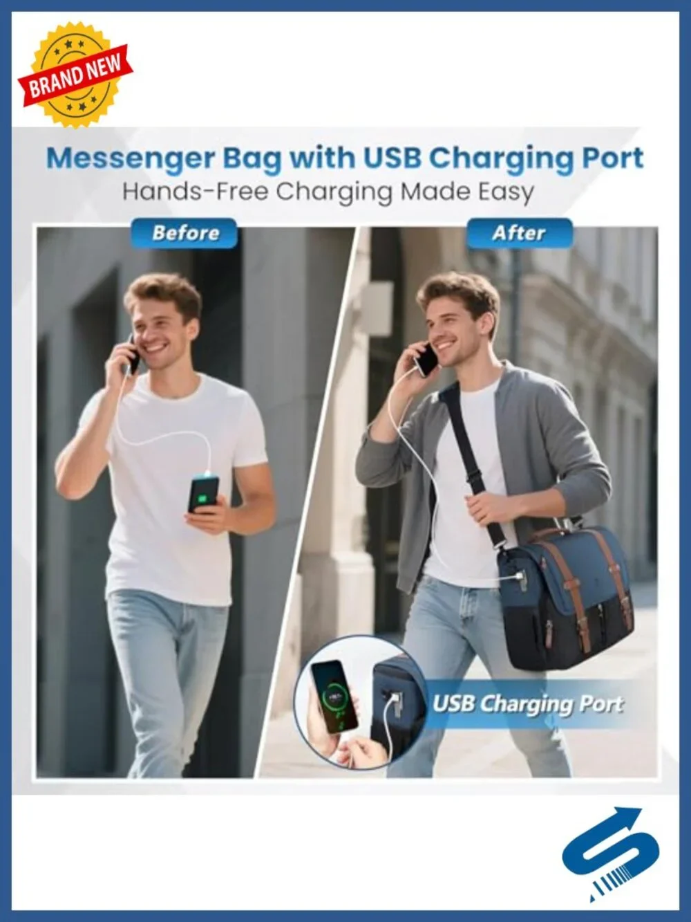 Messenger Bag with USB Charging Port, 15.6